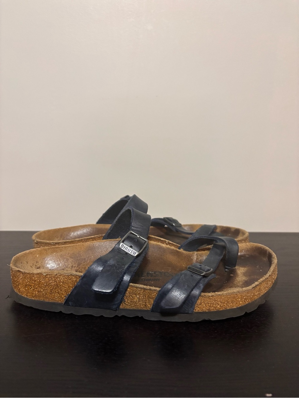 Birkenstock Trendy Black Blue Two-Strap Cork Footbed Sandals | Womens Sz 38